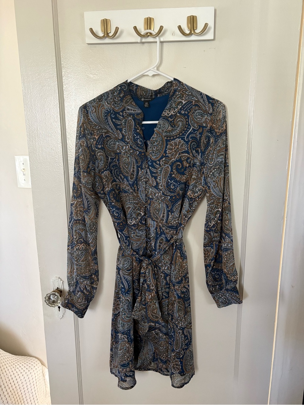 Paisley Print Blue & Brown Long-Sleeve Tie-Waist Dress